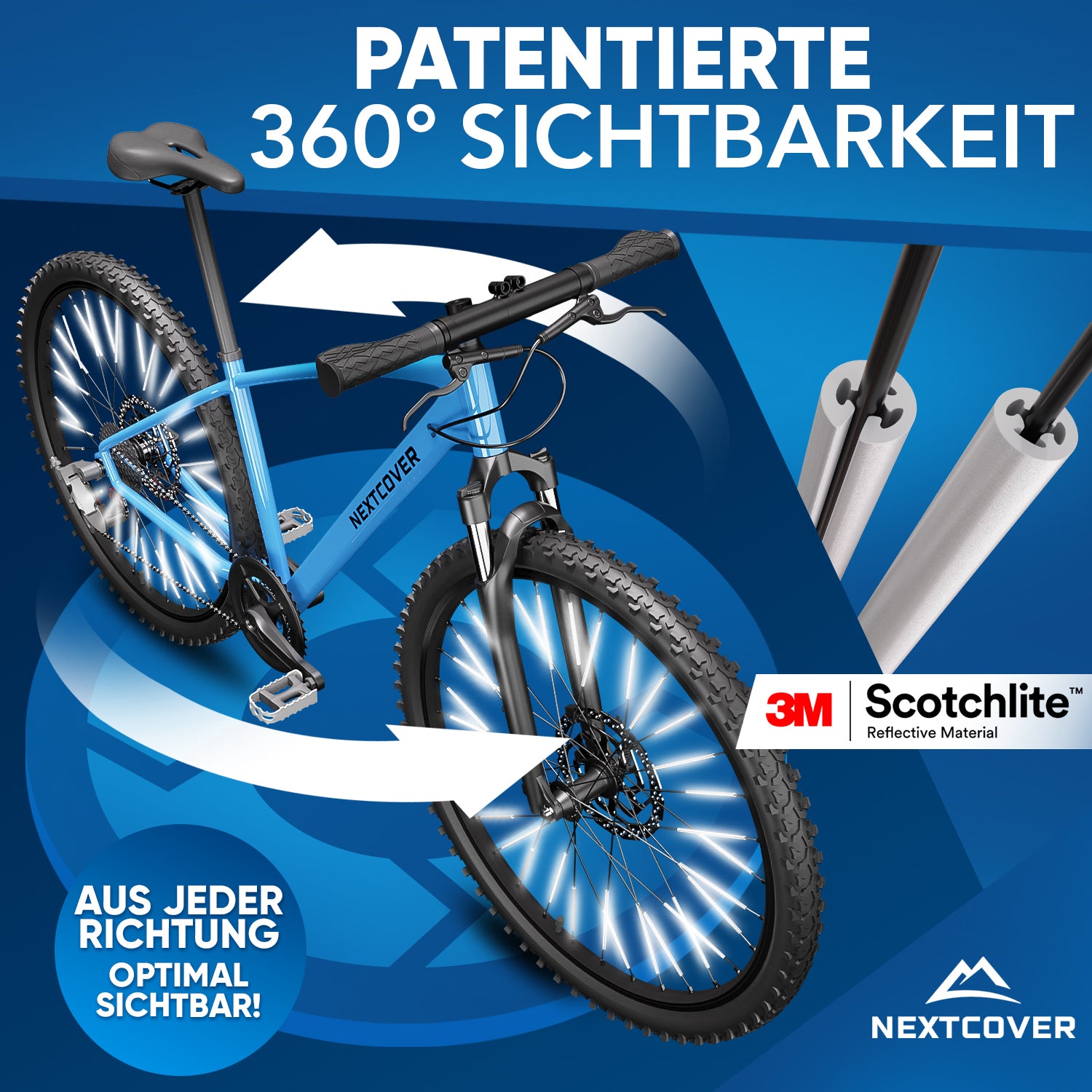 Nextcover Speichenreflektoren mit patentierter 360°-Sichtbarkeit und 3M Scotchlite Reflective Material, montiert an einem blauen Mountainbike für optimale Rundumsicht und Sicherheit.