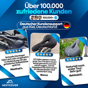 Collage mit Nextcover ComfortOne-Fahrradsätteln, 5-Sterne-Kundenrezensionen (u. a. von Manfred L. und Bianca) sowie über 100.000 zufriedenen Kunden und deutschem Kundensupport aus Kiel.