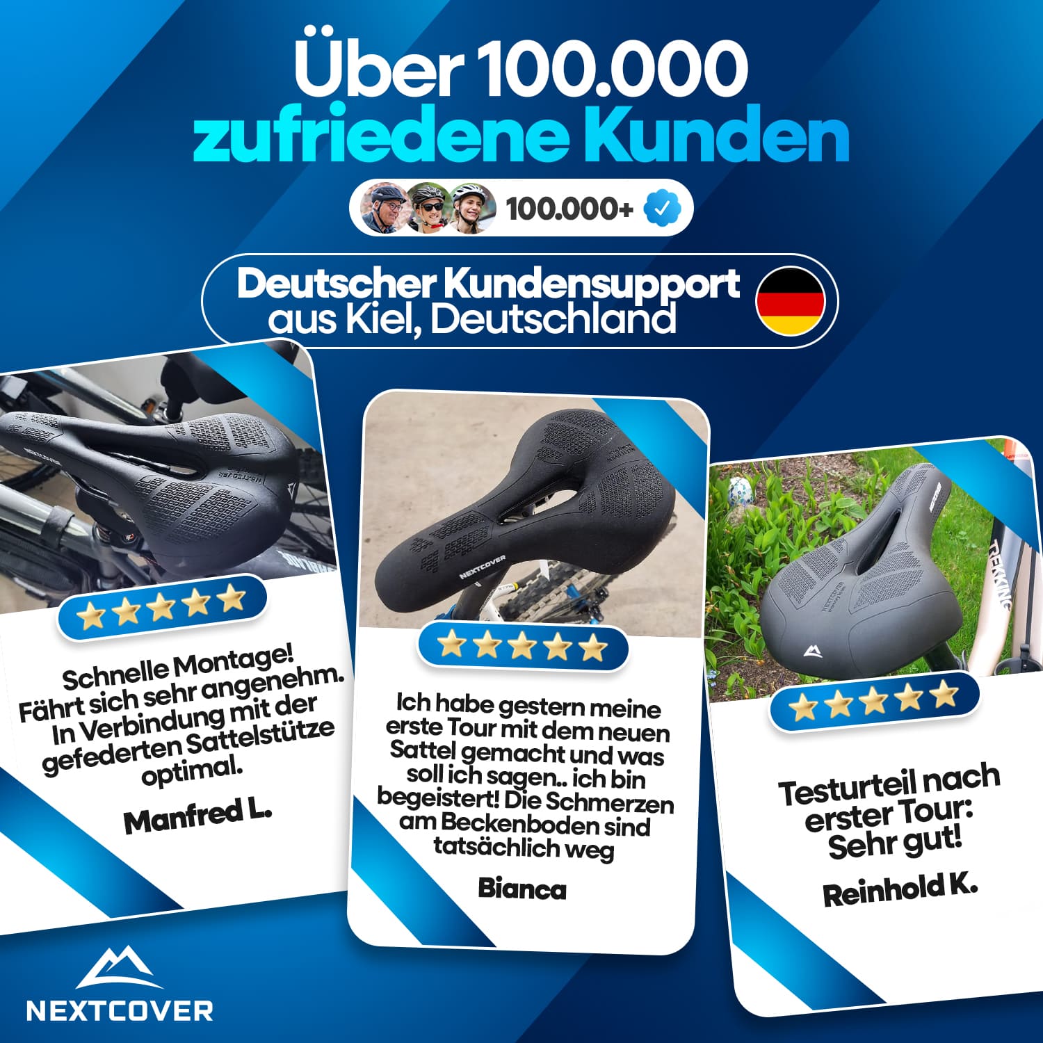 Collage mit Nextcover ComfortOne-Fahrradsätteln, 5-Sterne-Kundenrezensionen (u. a. von Manfred L. und Bianca) sowie über 100.000 zufriedenen Kunden und deutschem Kundensupport aus Kiel.