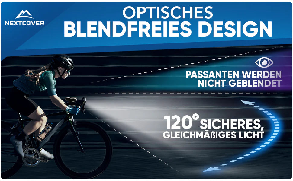 Radfahrerin mit Nextcover LED-Fahrradlicht in blendfreiem Design, 120° sicherer Lichtkegel und Passanten werden nicht geblendet.