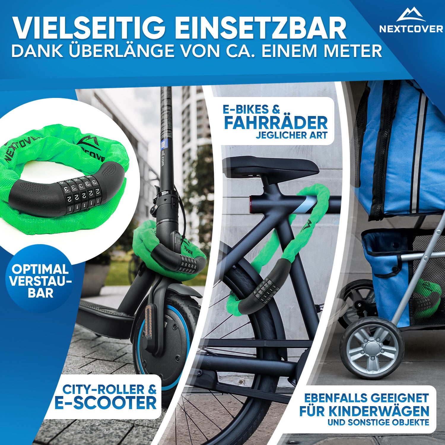 Nextcover Kettenschloss mit ca. 1 m Überlänge, vielseitig einsetzbar für E-Bikes, Fahrräder, City-Roller, E-Scooter und Kinderwägen, optimal verstaubar für maximalen Diebstahlschutz.