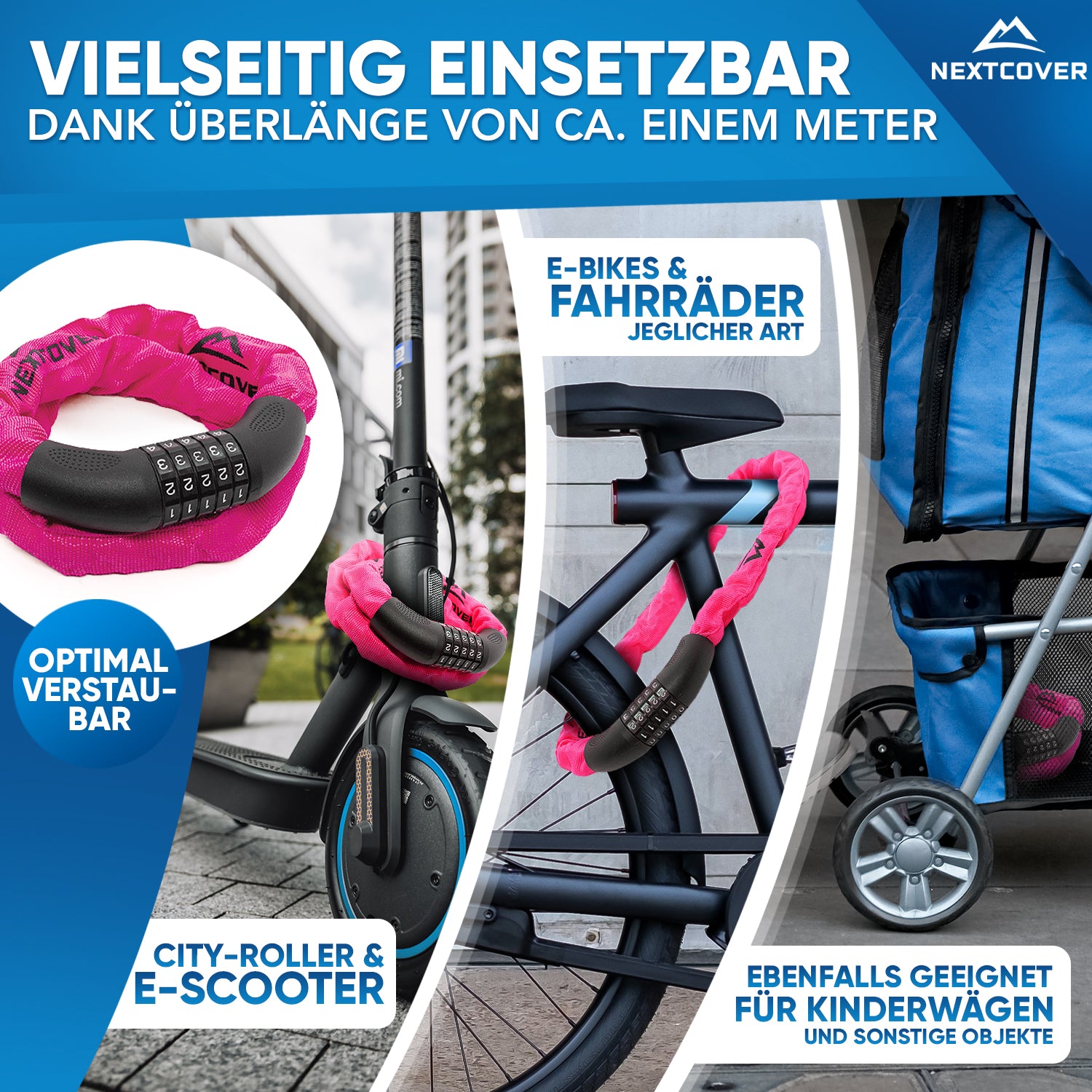 Nextcover Kettenschloss mit ca. 1 m Überlänge, vielseitig einsetzbar für E-Bikes, Fahrräder, City-Roller, E-Scooter und Kinderwägen, optimal verstaubar für maximalen Diebstahlschutz.