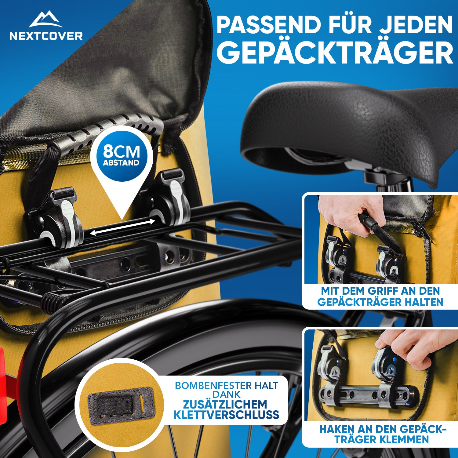 Nextcover Fahrradtasche mit verstellbarer Aufhängung (8 cm Abstand) und zusätzlichem Klettverschluss, passend für jeden Gepäckträger und sicheren Halt beim Fahren.