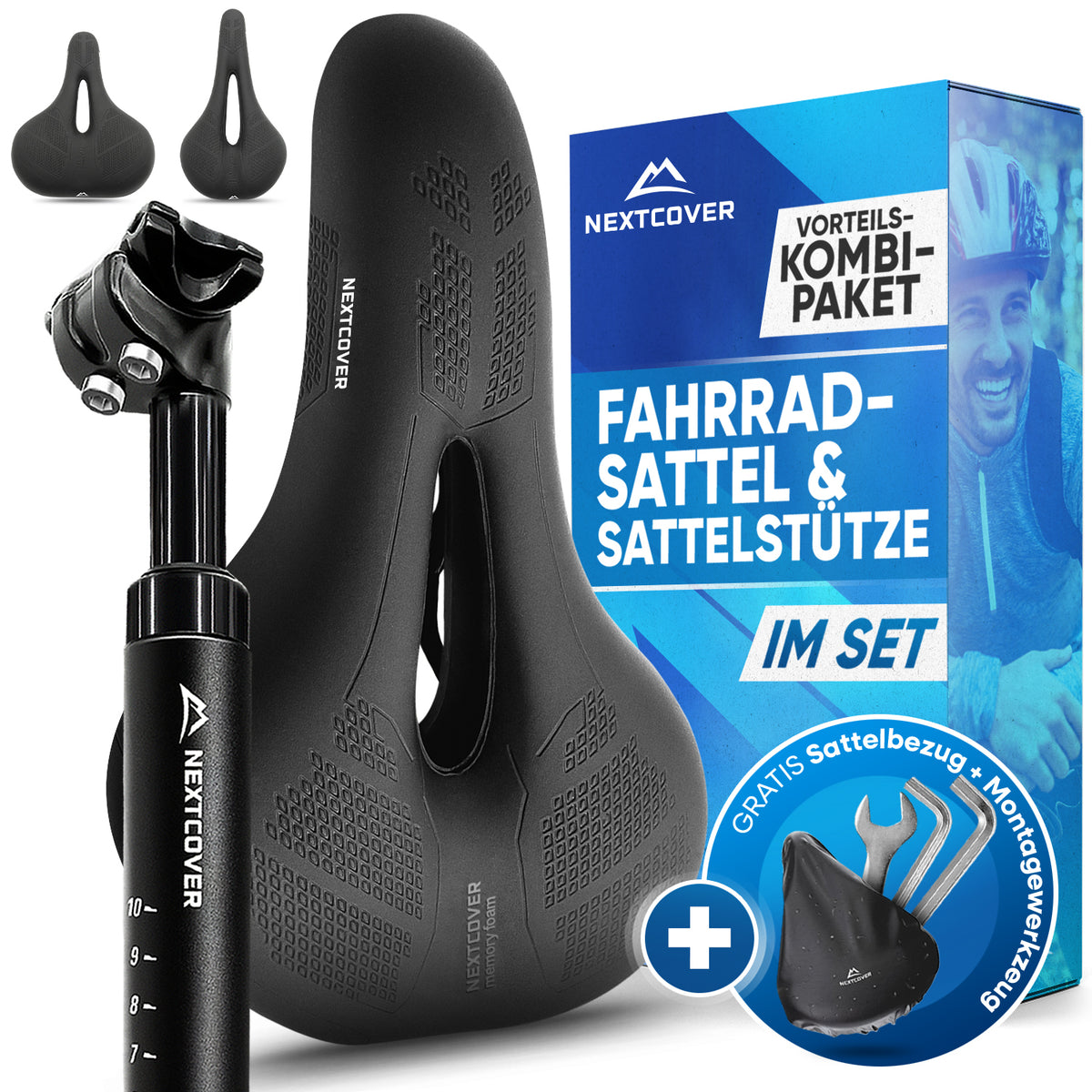 Nextcover Vorteils-Kombi-Paket: Ergonomischer Memory-Foam-Fahrradsattel und gefederte Sattelstütze im Set, inklusive gratis Sattelbezug und Montagewerkzeug für maximalen Komfort und Stoßdämpfung.