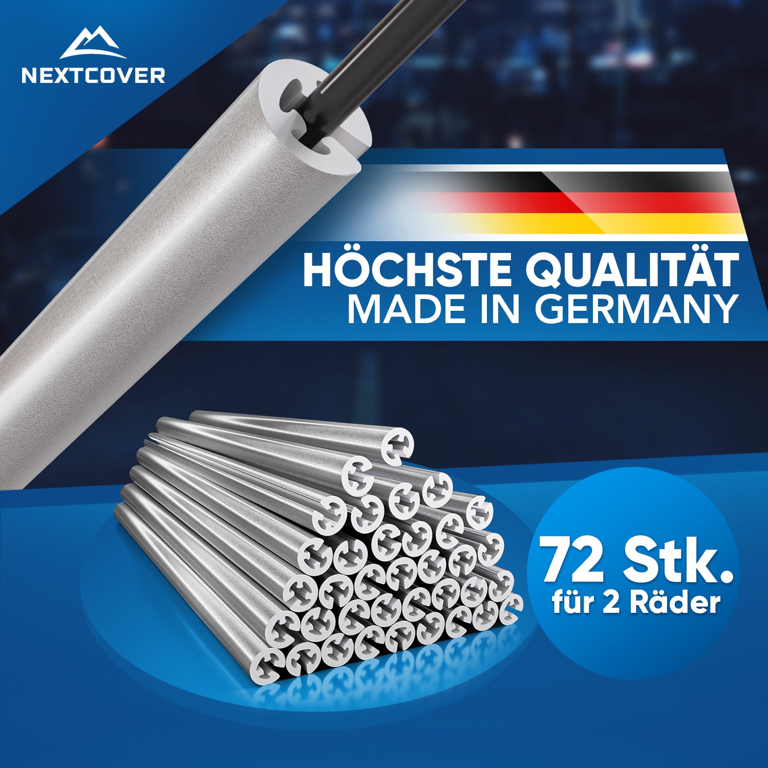 Nextcover Speichenreflektoren (72 Stück) in Silber, Made in Germany, für höchste Qualität und zuverlässige Sichtbarkeit bei Dunkelheit, passend für ein komplettes Fahrrad-Rad.