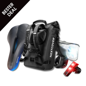 Nextcover „Bester Deal“ Bundle: Memory-Foam-Fahrradsattel, wasserdichter Rolltop-Rucksack und LED-Fahrradlicht-Set (Front- und Rücklicht) für optimalen Komfort, Stauraum und Sichtbarkeit.