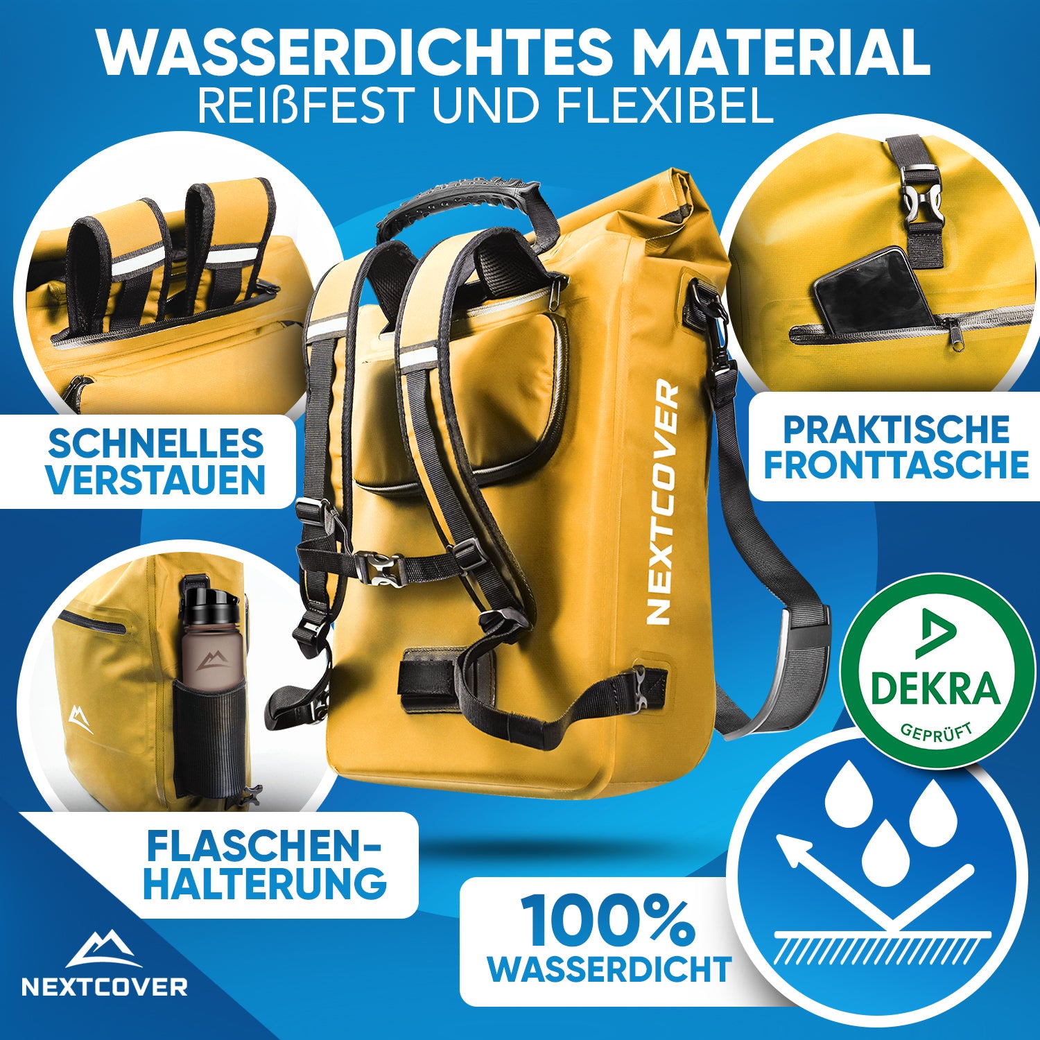 100 % wasserdichter Nextcover Rolltop-Rucksack in Gelb, DEKRA-geprüft, reißfest und flexibel, mit praktischer Fronttasche, Flaschenhalterung und schnellem Verstau-System.