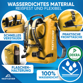 100 % wasserdichter Nextcover Rolltop-Rucksack in Gelb, DEKRA-geprüft, reißfest und flexibel, mit praktischer Fronttasche, Flaschenhalterung und schnellem Verstau-System.