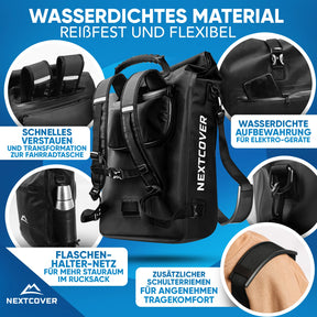 Nextcover Rolltop-Rucksack aus reißfestem und flexiblem Material, mit wasserdichtem Elektronikfach, Flaschenhalter-Netz, schnellem Verstau- und Umbaufunktion zur Fahrradtasche sowie gepolsterten Schulterriemen für hohen Tragekomfort.