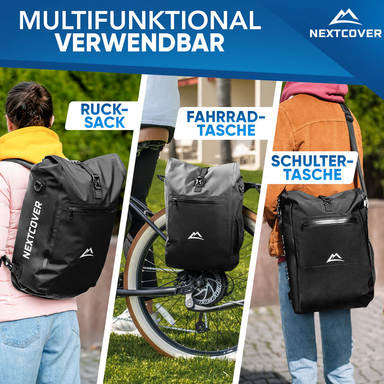 Multifunktionaler Nextcover Rolltop-Rucksack, nutzbar als Rucksack, Fahrradtasche oder Schultertasche mit wasserfestem Material und verstellbaren Gurten für maximale Flexibilität.