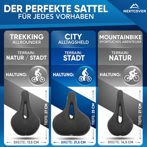 Nextcover Fahrradsattel-Größenvergleich (Trekking, City und Mountainbike) mit jeweils optimaler Breite und Tiefe für Natur-, Stadt- und Offroad-Strecken sowie bequemer Sitzhaltung.