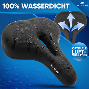 Schwarzer Nextcover Fahrradsattel, 100 % wasserdicht mit optimaler Luftzirkulation für trockenen und bequemen Fahrkomfort.