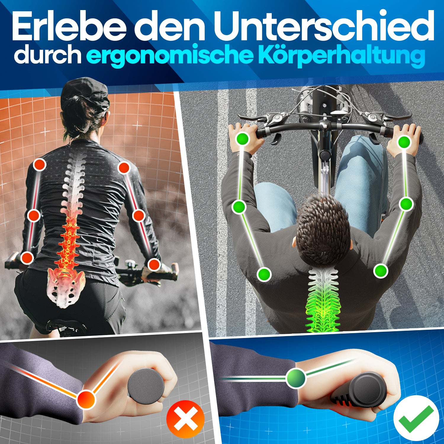 Vergleich zwischen herkömmlichen Fahrradgriffen (links) mit unergonomischer Haltung und Nextcover Ergonomie-Griffen (rechts) für eine gesunde Körperhaltung, entlastete Handgelenke und entspannte Wirbelsäule.