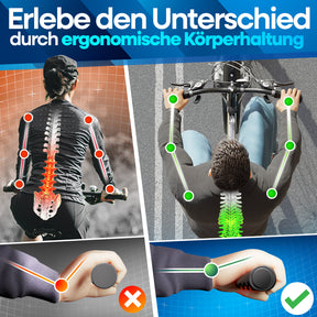 Vergleich zwischen herkömmlichen Fahrradgriffen (links) mit unergonomischer Haltung und Nextcover Ergonomie-Griffen (rechts) für eine gesunde Körperhaltung, entlastete Handgelenke und entspannte Wirbelsäule.