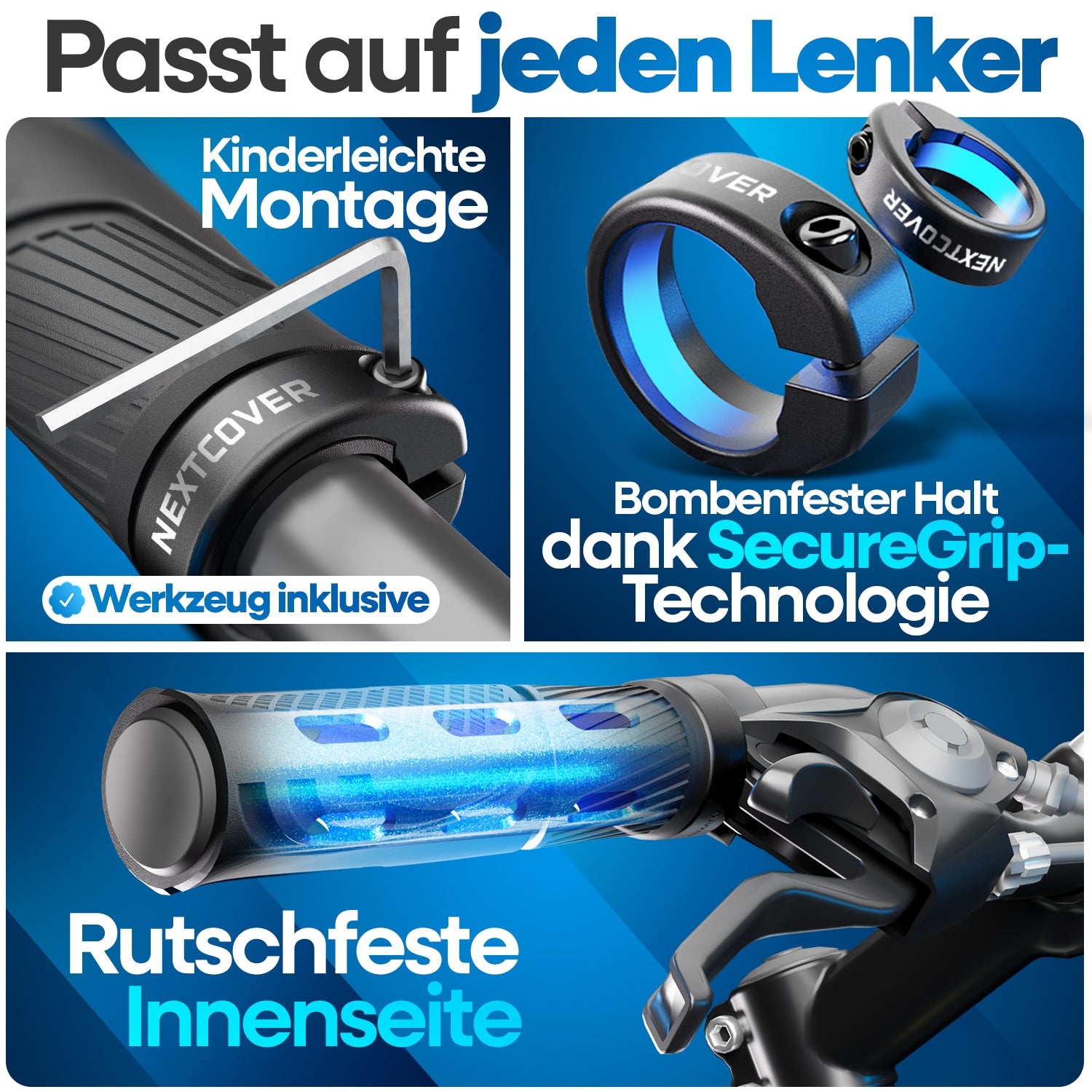 Nextcover ergonomische Fahrradgriffe mit SecureGrip-Technologie, rutschfester Innenseite und kinderleichter Montage, inklusive Werkzeug und universeller Passform für jeden Lenker.