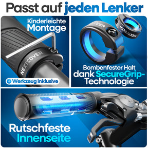 Nextcover ergonomische Fahrradgriffe mit SecureGrip-Technologie, rutschfester Innenseite und kinderleichter Montage, inklusive Werkzeug und universeller Passform für jeden Lenker.