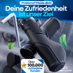 Nextcover ergonomische Fahrradgriffe in Schwarz mit rutschfester Oberfläche und Endkappen, bewährt bei über 100.000 zufriedenen Kunden („Deine Zufriedenheit ist unser Ziel“).