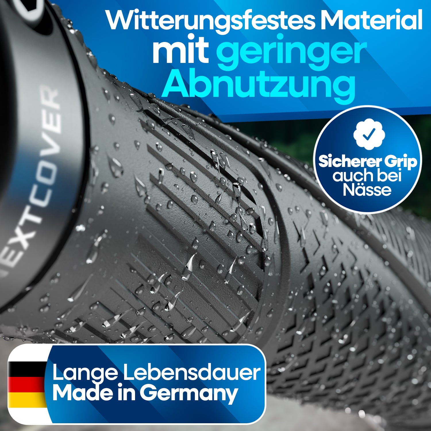 Nextcover Fahrradgriffe „Made in Germany“ aus witterungsfestem Material mit sicherem Grip bei Nässe und geringer Abnutzung für eine lange Lebensdauer.