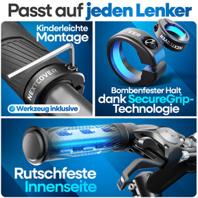 Nextcover ergonomische Fahrradgriffe mit SecureGrip-Technologie, rutschfester Innenseite und kinderleichter Montage, inklusive Werkzeug und universeller Passform für jeden Lenker.