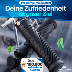 Nextcover ergonomische Fahrradgriffe in Schwarz mit rutschfester Oberfläche und Endkappen, bewährt bei über 100.000 zufriedenen Kunden („Deine Zufriedenheit ist unser Ziel“).