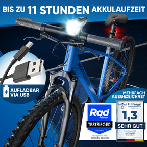 Nextcover LED-Fahrradlicht mit bis zu 11 Stunden Akkulaufzeit, USB-aufladbar, ausgezeichnet als „Rad fahren“ Testsieger und „Prüfengel 1,3 Sehr Gut“ für sichere Fahrten bei Dunkelheit.