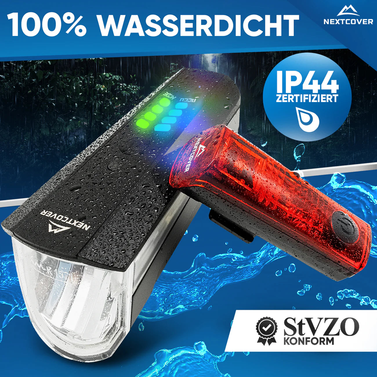 Nextcover LED-Fahrradlicht-Set, 100 % wasserdicht (IP44-zertifiziert) und StVZO-konform, bestehend aus hellem Frontscheinwerfer und rotem Rücklicht für optimale Sicherheit bei Regen und Dunkelheit.