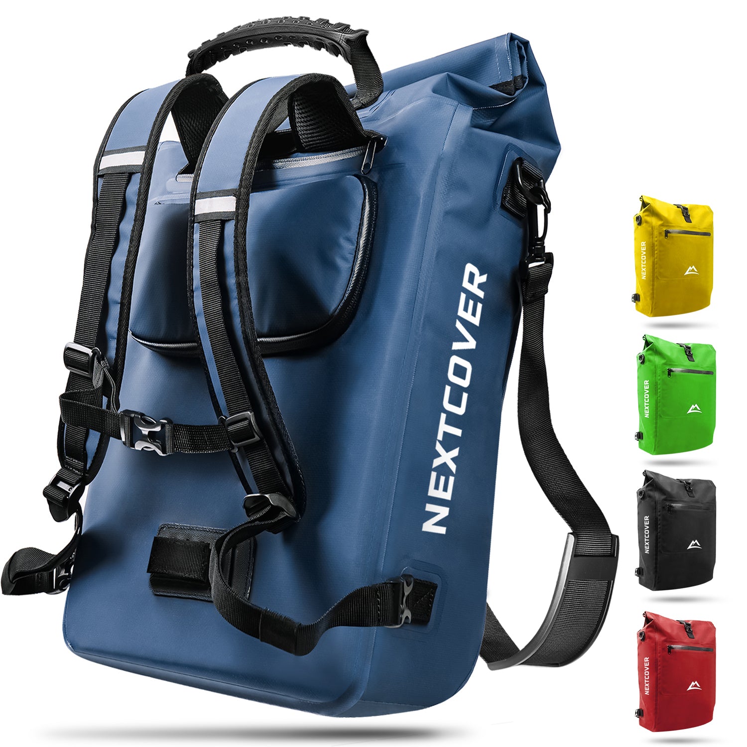 Nextcover wasserdichter Rolltop-Rucksack in Blau mit verstellbaren Schultergurten, reflektierendem Logo und zusätzlichem Frontfach, erhältlich in fünf Farben (Gelb, Grün, Blau, Rot und Schwarz).