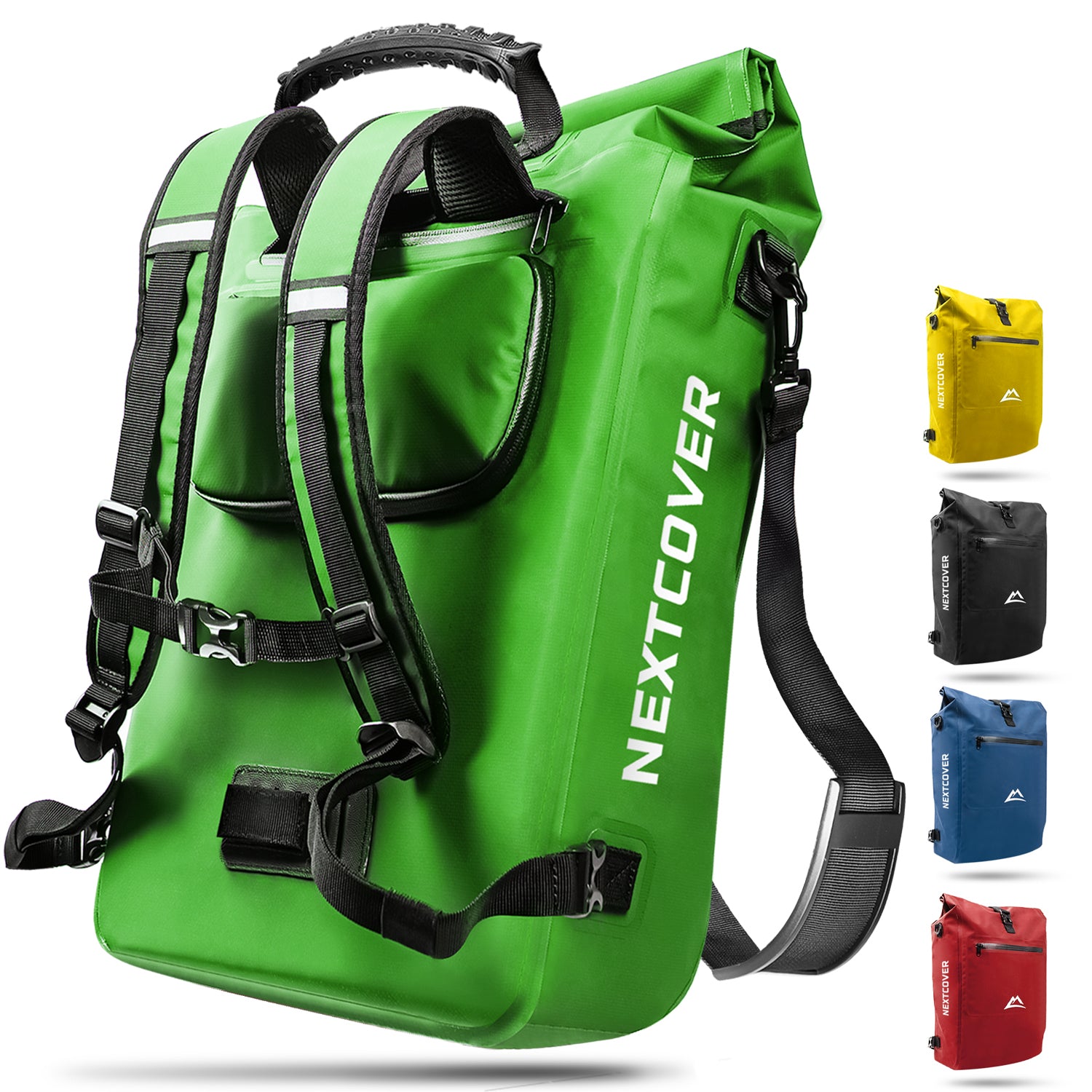 Nextcover wasserdichter Rolltop-Rucksack in grün mit verstellbaren Schultergurten, reflektierendem Logo und zusätzlichem Frontfach, erhältlich in fünf Farben (Gelb, Grün, Blau, Rot und Schwarz).