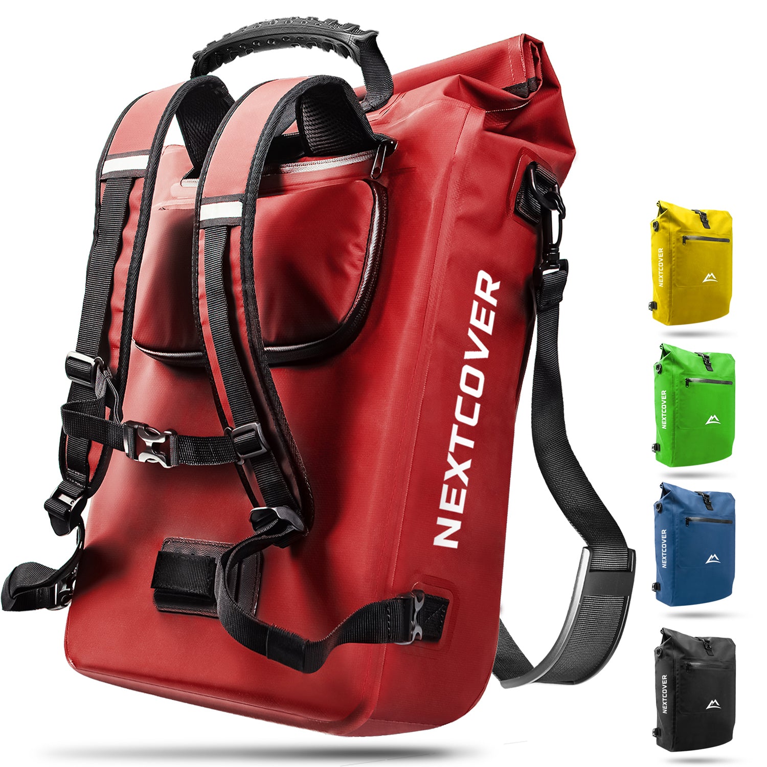 Nextcover wasserdichter Rolltop-Rucksack in Rot mit verstellbaren Schultergurten, reflektierendem Logo und zusätzlichem Frontfach, erhältlich in fünf Farben (Gelb, Grün, Blau, Rot und Schwarz).