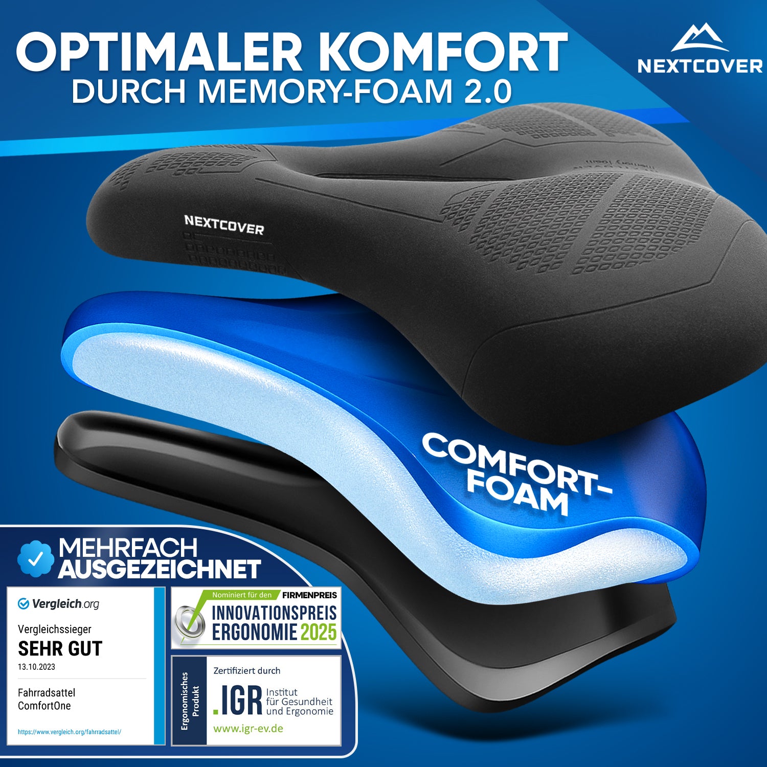 Nextcover ComfortOne Fahrradsattel mit Memory-Foam 2.0, ausgezeichnet als Vergleichssieger (Sehr Gut), ergonomisch zertifiziert und nominiert für den Innovationspreis Ergonomie 2025.