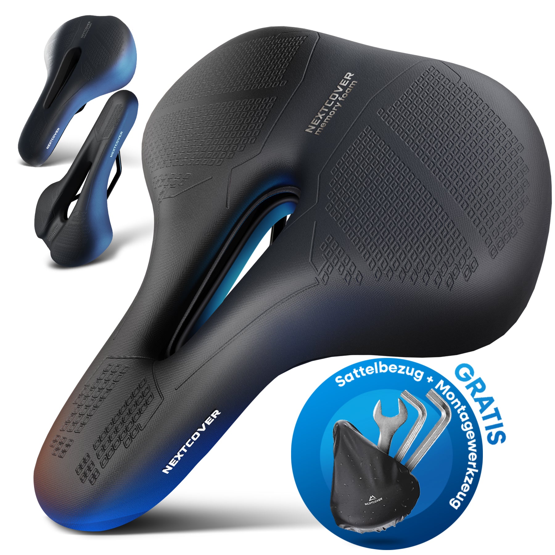 Ergonomischer Nextcover Fahrradsattel ComfortOne aus Memory-Schaum 2.0 in Schwarz und drei verschiedenen Größen (MTB, City, Trekking), inklusive gratis Sattelbezug und Montagewerkzeug für optimalen Fahrkomfort.