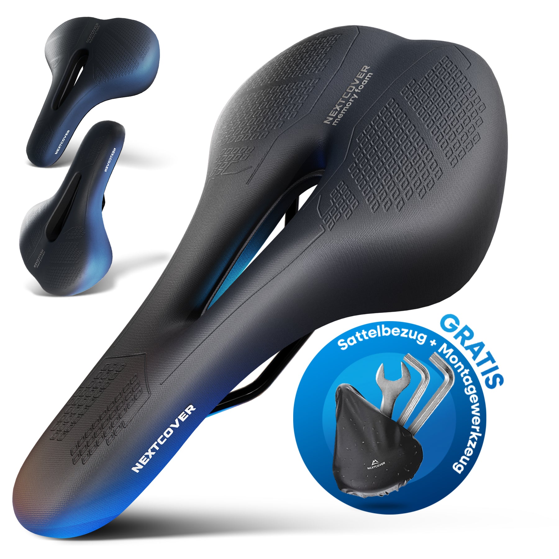 Ergonomischer Nextcover Fahrradsattel ComfortOne aus Memory-Schaum 2.0 in Schwarz und drei verschiedenen Größen (MTB, City, Trekking), inklusive gratis Sattelbezug und Montagewerkzeug für optimalen Fahrkomfort.