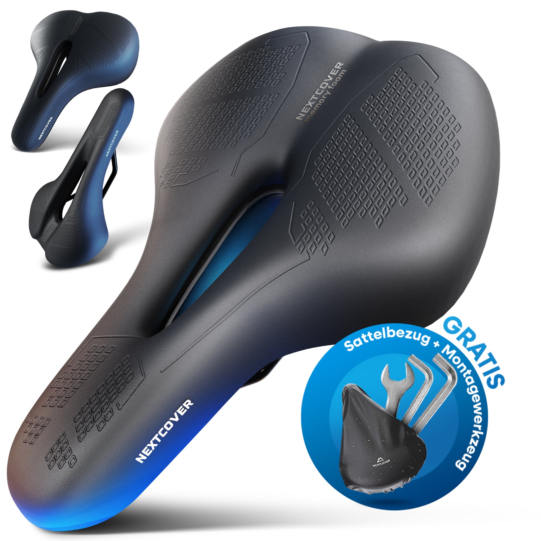 Ergonomischer Nextcover Fahrradsattel ComfortOne aus Memory-Schaum 2.0 in Schwarz und drei verschiedenen Größen (MTB, City, Trekking), inklusive gratis Sattelbezug und Montagewerkzeug für optimalen Fahrkomfort.