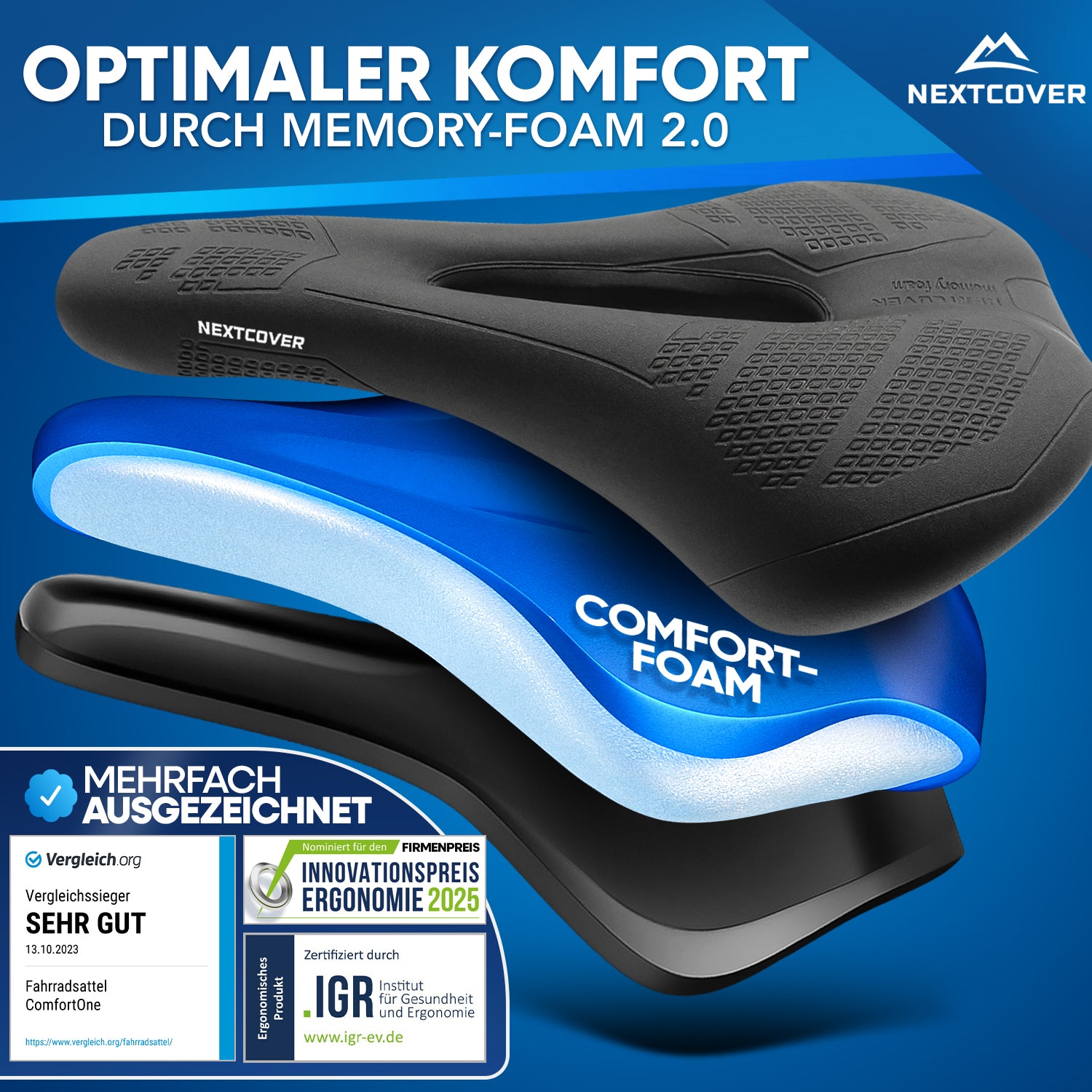 Nextcover ComfortOne Fahrradsattel mit Memory-Foam 2.0, ausgezeichnet als Vergleichssieger (Sehr Gut), ergonomisch zertifiziert und nominiert für den Innovationspreis Ergonomie 2025.