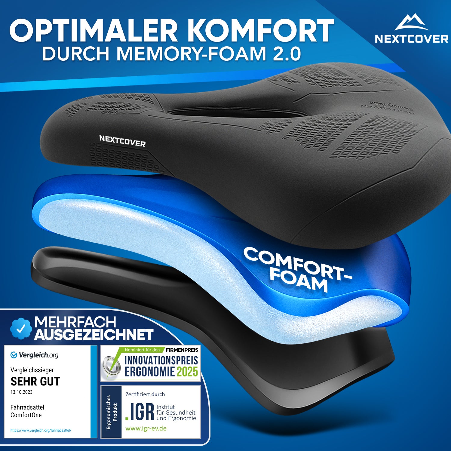 Nextcover ComfortOne Fahrradsattel mit Memory-Foam 2.0, ausgezeichnet als Vergleichssieger (Sehr Gut), ergonomisch zertifiziert und nominiert für den Innovationspreis Ergonomie 2025.