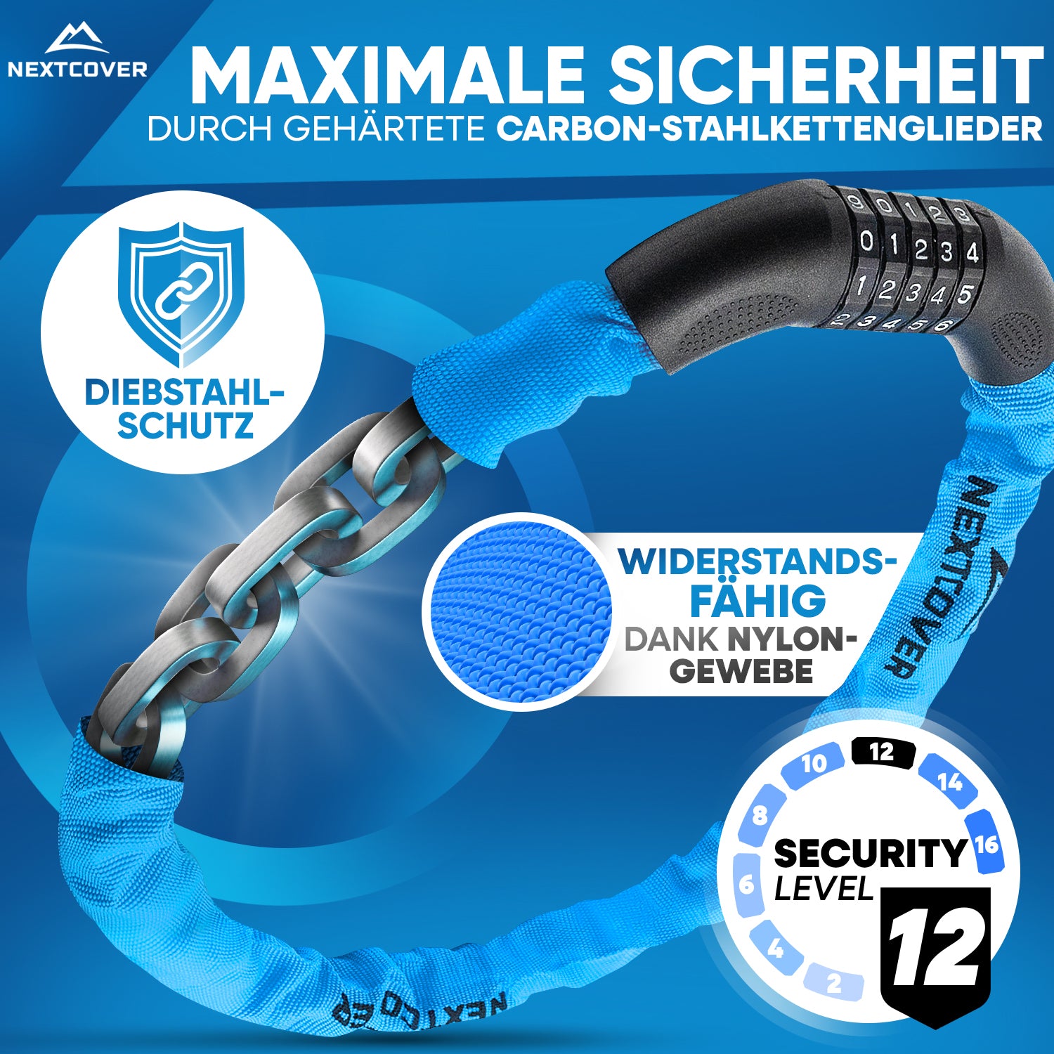 Nextcover Kettenschloss mit gehärteten Carbon-Stahlkettengliedern, Security Level 12 und robustem Nylon-Gewebe für maximalen Diebstahlschutz.