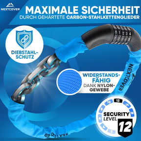 Nextcover Kettenschloss mit gehärteten Carbon-Stahlkettengliedern, Security Level 12 und robustem Nylon-Gewebe für maximalen Diebstahlschutz.