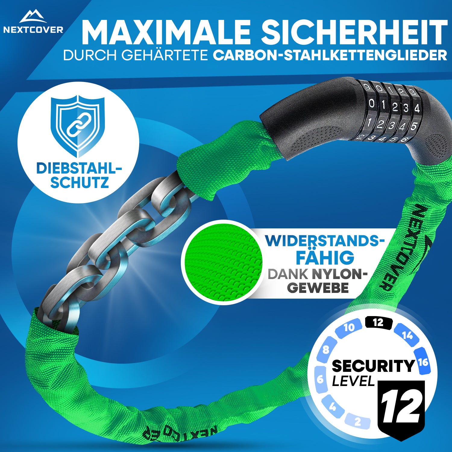 Nextcover Kettenschloss mit gehärteten Carbon-Stahlkettengliedern, Security Level 12 und robustem Nylon-Gewebe für maximalen Diebstahlschutz.