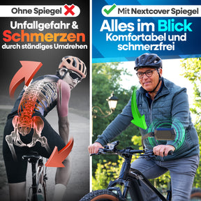 Vergleich: Ohne Spiegel (links) mit erhöhtem Unfallrisiko und Rückenschmerzen durch häufiges Umdrehen vs. Nextcover Fahrradspiegel (rechts) für schmerzfreie, komfortable Rundumsicht.