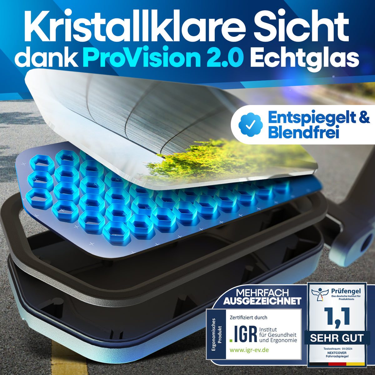 Nextcover Fahrradspiegel mit ProVision 2.0 Echtglas, entspiegelt und blendfrei, mehrfach ausgezeichnet (IGR-zertifiziert, Prüfengel 1,1 „Sehr Gut“) für kristallklare Sicht und maximale Sicherheit.