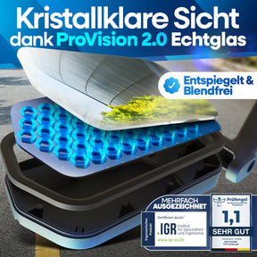 Nextcover Fahrradspiegel mit ProVision 2.0 Echtglas, entspiegelt und blendfrei, mehrfach ausgezeichnet (IGR-zertifiziert, Prüfengel 1,1 „Sehr Gut“) für kristallklare Sicht und maximale Sicherheit.