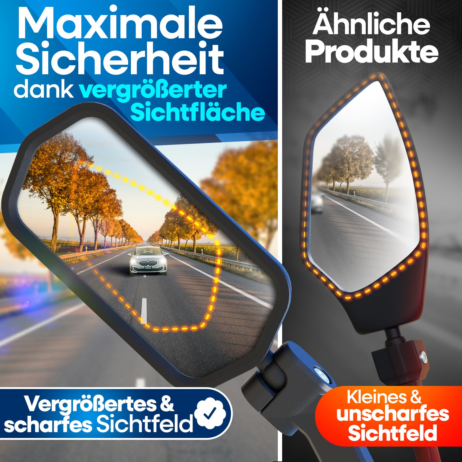 Nextcover Fahrradspiegel mit vergrößerter, scharfer Sichtfläche im Vergleich zu herkömmlichen Spiegeln mit kleinerem, unscharfem Sichtfeld, für maximale Sicherheit im Straßenverkehr.