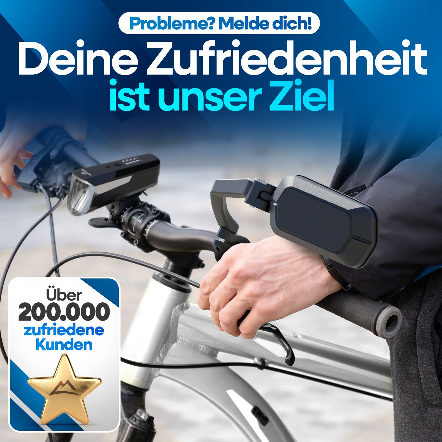 Nextcover Fahrradspiegel am Lenker, mit dem Versprechen „Deine Zufriedenheit ist unser Ziel“, vertraut von über 200.000 zufriedenen Kunden für sichere Rundumsicht.