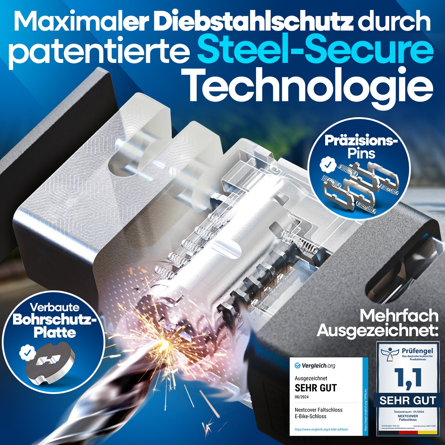 Nextcover Faltschloss mit patentierter Steel-Secure-Technologie, integrierter Bohrschutz-Platte und Präzisions-Pins, mehrfach ausgezeichnet (Note 1,1 „Sehr Gut“) für maximalen Diebstahlschut