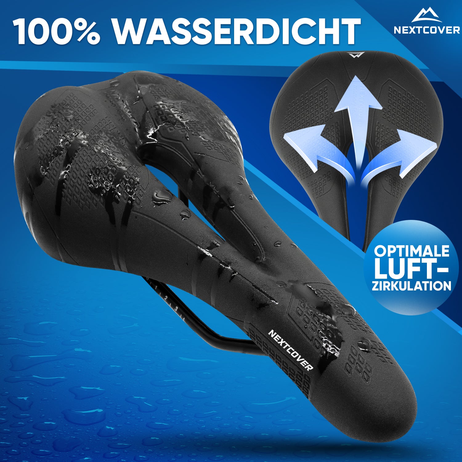 Schwarzer Nextcover Fahrradsattel, 100 % wasserdicht mit optimaler Luftzirkulation für trockenen und bequemen Fahrkomfort.