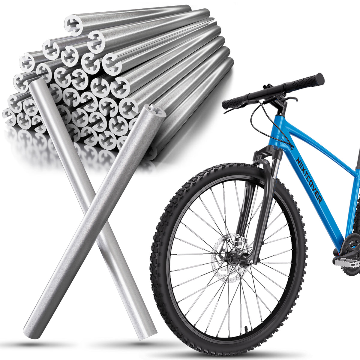 Silberne Nextcover Speichenreflektoren (Röhrchenform) zum einfachen Aufstecken, für 360-Grad-Sichtbarkeit und erhöhte Sicherheit, dargestellt neben einem blauen Mountainbike.