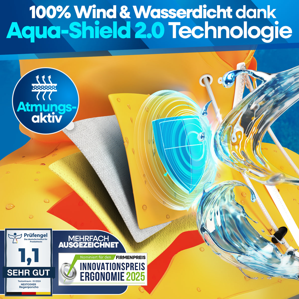 Nextcover Regenponcho mit innovativer Aqua-Shield 2.0 Technologie, 100 % wind- und wasserdicht, atmungsaktiv und mehrfach ausgezeichnet (Note 1,1 „Sehr gut“, nominiert für den Innovationspreis Ergonomie 2025).