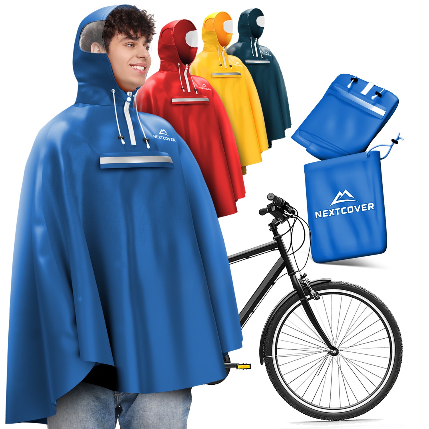 Blauer Nextcover-Fahrradregenponcho mit Kapuze und reflektierendem Streifen, dargestellt in verschiedenen Farben neben einem Fahrrad und passender Transporttasche.