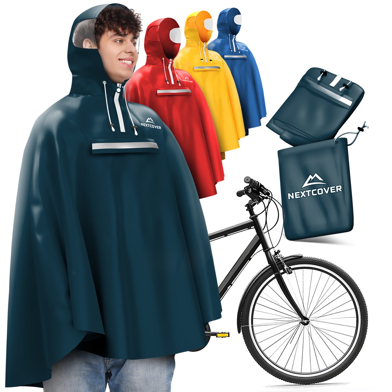 Dunkelblauer Nextcover-Fahrradregenponcho mit Kapuze und reflektierendem Streifen, dargestellt in verschiedenen Farben neben einem Fahrrad und passender Transporttasche.