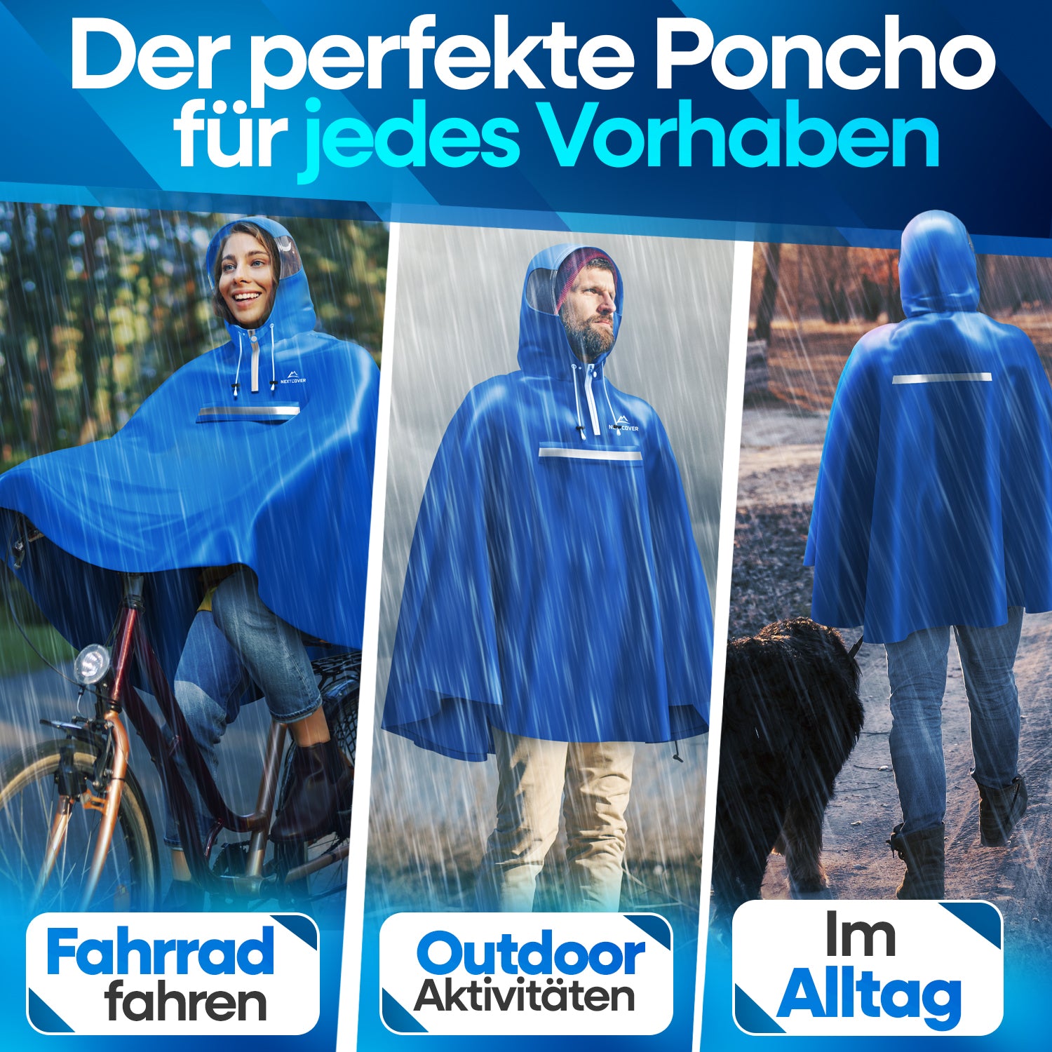 Blauer Nextcover Regenponcho mit Kapuze und reflektierendem Streifen, ideal für Fahrradfahren, Outdoor-Aktivitäten und den Alltag bei Regen.